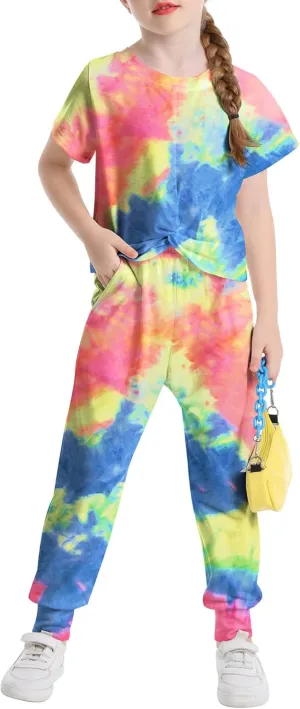 LecGee Kids Girls Tie Dye 2 Piece Sets Shortsleeve Twist Front Tops & Sweatpants Outfits Sweatsuits Tracksuits 4-13 Year