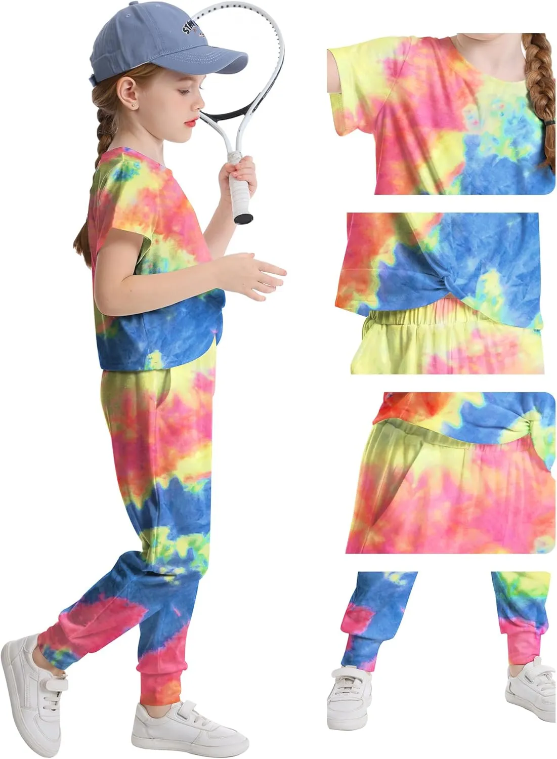 LecGee Kids Girls Tie Dye 2 Piece Sets Shortsleeve Twist Front Tops & Sweatpants Outfits Sweatsuits Tracksuits 4-13 Year