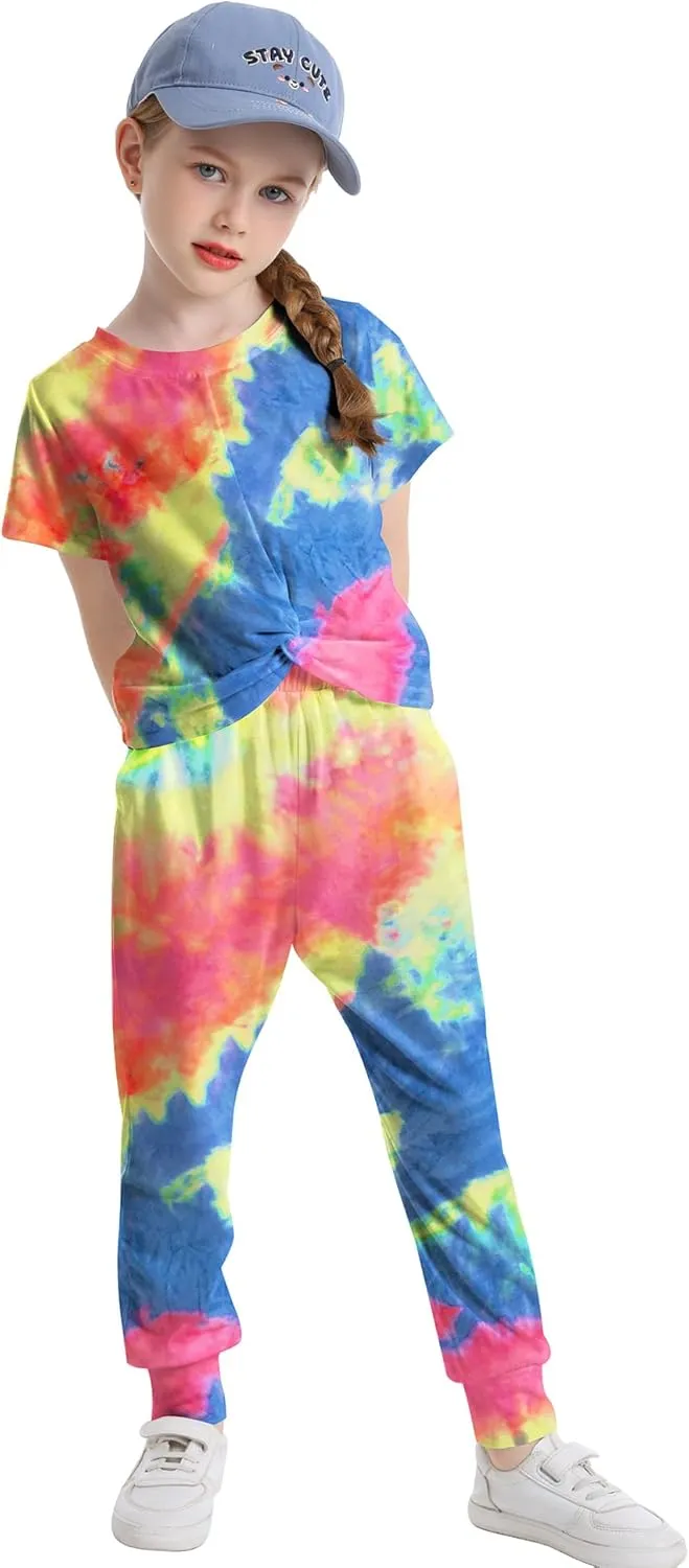LecGee Kids Girls Tie Dye 2 Piece Sets Shortsleeve Twist Front Tops & Sweatpants Outfits Sweatsuits Tracksuits 4-13 Year