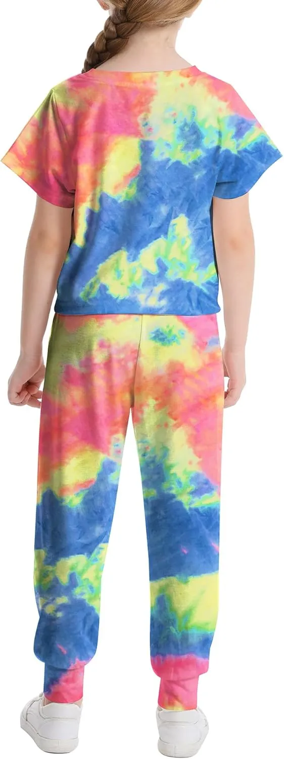 LecGee Kids Girls Tie Dye 2 Piece Sets Shortsleeve Twist Front Tops & Sweatpants Outfits Sweatsuits Tracksuits 4-13 Year