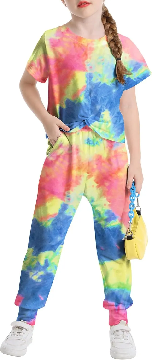 LecGee Kids Girls Tie Dye 2 Piece Sets Shortsleeve Twist Front Tops & Sweatpants Outfits Sweatsuits Tracksuits 4-13 Year