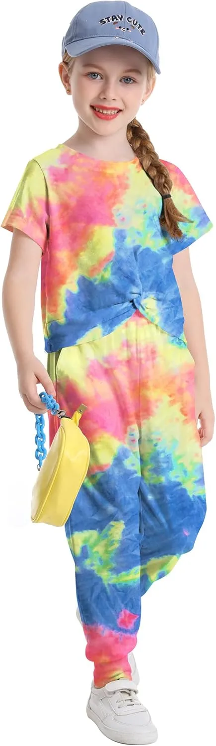 LecGee Kids Girls Tie Dye 2 Piece Sets Shortsleeve Twist Front Tops & Sweatpants Outfits Sweatsuits Tracksuits 4-13 Year