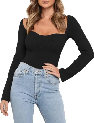 LILLUSORY Women's Sweetheart Neckline Sweater 2024 Spring Ribbed Knit Slim Fit Pullover Tops