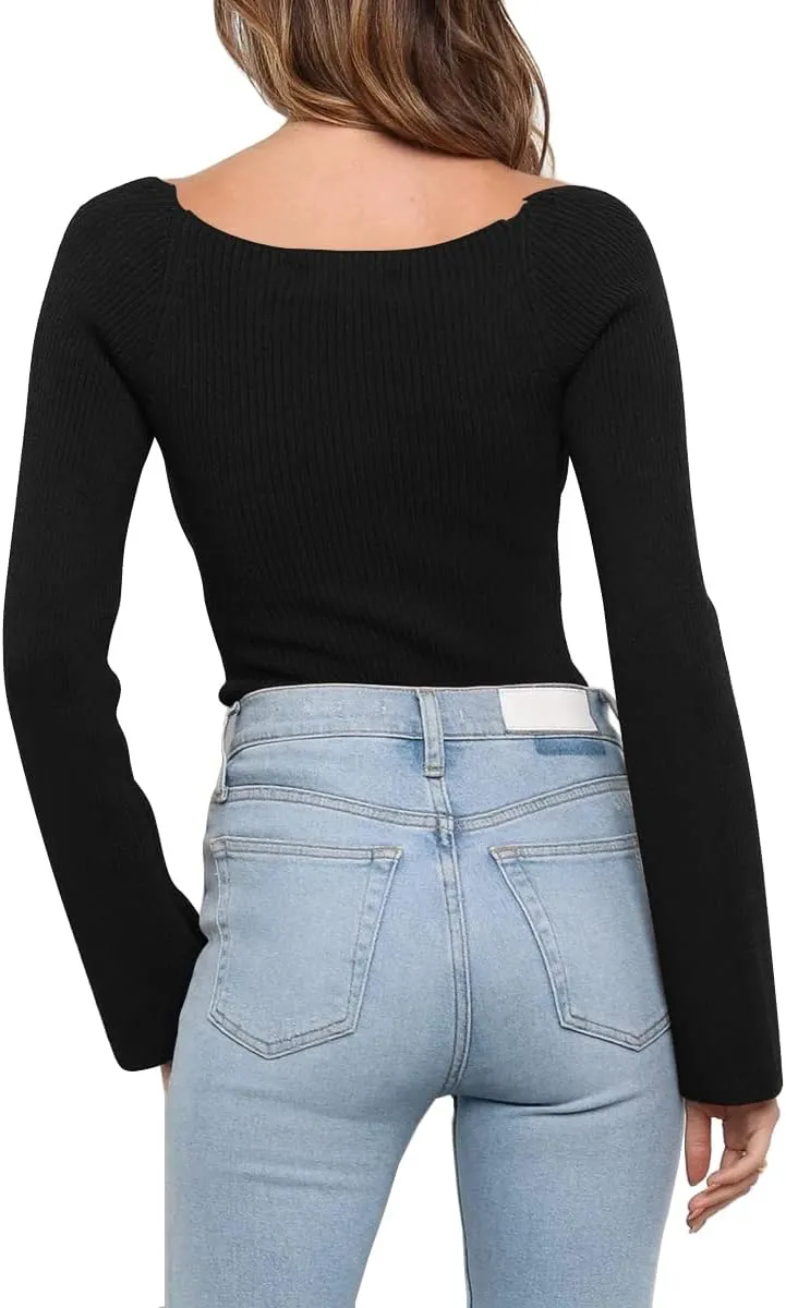 LILLUSORY Women's Sweetheart Neckline Sweater 2024 Spring Ribbed Knit Slim Fit Pullover Tops