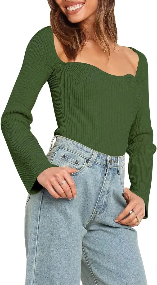 LILLUSORY Women's Sweetheart Neckline Sweater 2024 Spring Ribbed Knit Slim Fit Pullover Tops