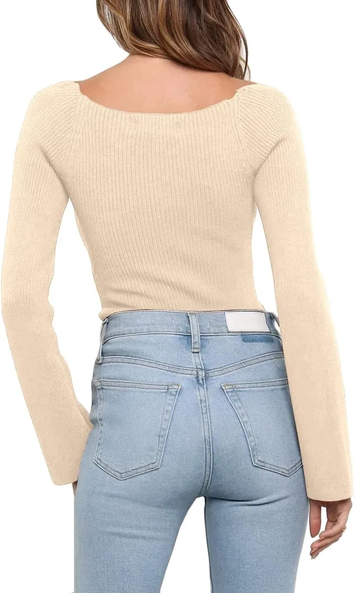 LILLUSORY Women's Sweetheart Neckline Sweater 2024 Spring Ribbed Knit Slim Fit Pullover Tops