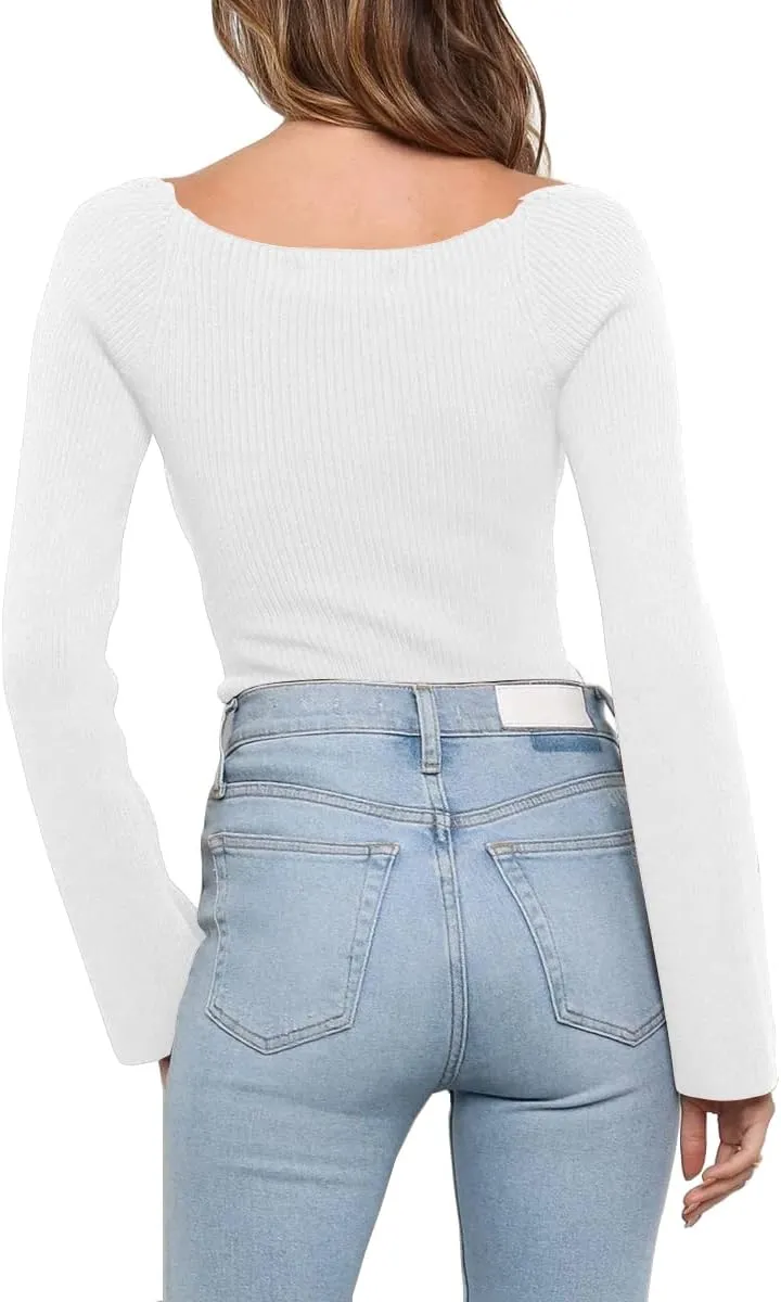 LILLUSORY Women's Sweetheart Neckline Sweater 2024 Spring Ribbed Knit Slim Fit Pullover Tops