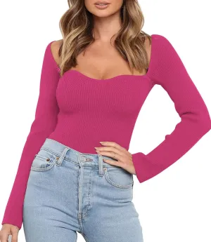 LILLUSORY Women's Sweetheart Neckline Sweater 2024 Spring Ribbed Knit Slim Fit Pullover Tops