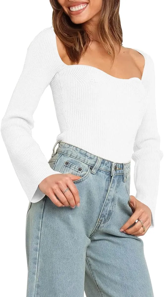 LILLUSORY Women's Sweetheart Neckline Sweater 2024 Spring Ribbed Knit Slim Fit Pullover Tops