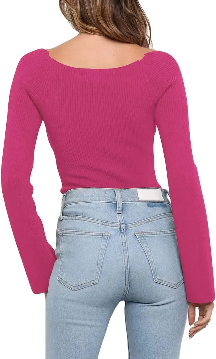 LILLUSORY Women's Sweetheart Neckline Sweater 2024 Spring Ribbed Knit Slim Fit Pullover Tops