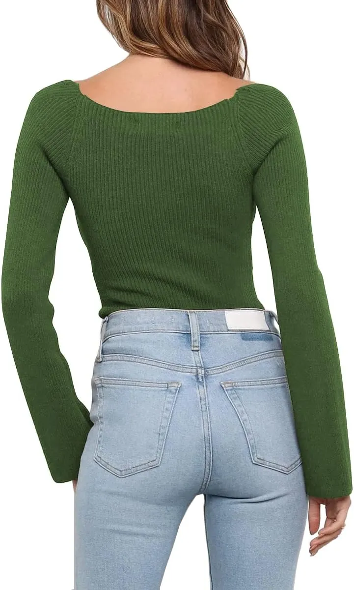 LILLUSORY Women's Sweetheart Neckline Sweater 2024 Spring Ribbed Knit Slim Fit Pullover Tops