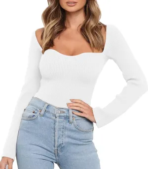 LILLUSORY Women's Sweetheart Neckline Sweater 2024 Spring Ribbed Knit Slim Fit Pullover Tops