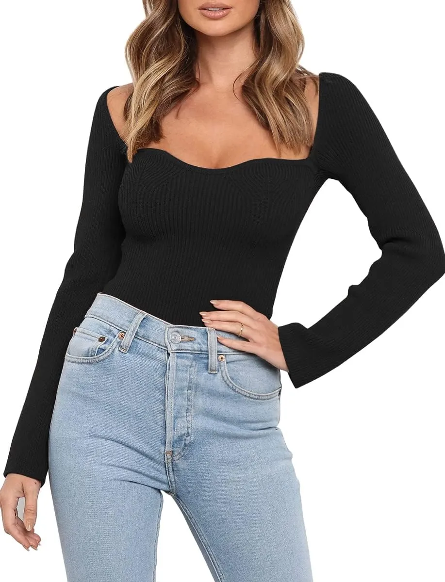 LILLUSORY Women's Sweetheart Neckline Sweater 2024 Spring Ribbed Knit Slim Fit Pullover Tops