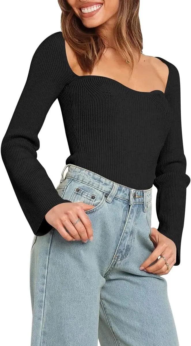 LILLUSORY Women's Sweetheart Neckline Sweater 2024 Spring Ribbed Knit Slim Fit Pullover Tops