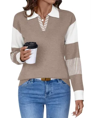 LOMON V Neck Long Sleeve Loose Sweaters Color Block Striped Knitted Pullover Jumper Tops