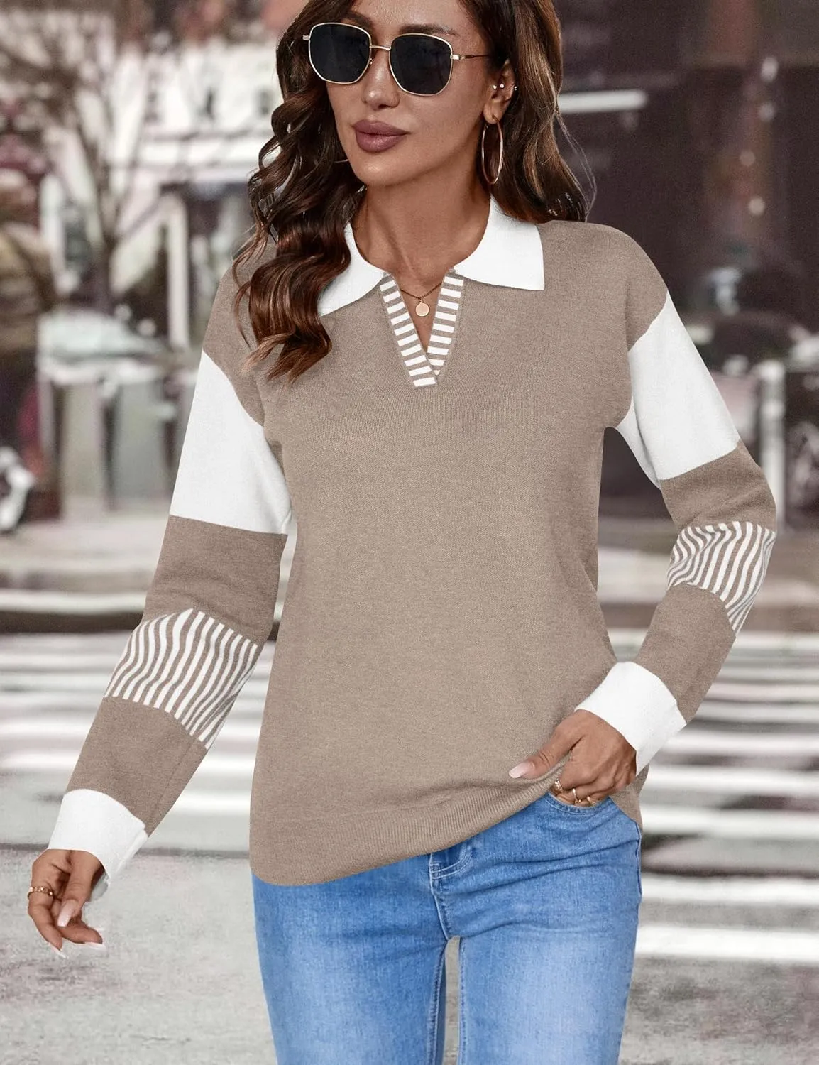 LOMON V Neck Long Sleeve Loose Sweaters Color Block Striped Knitted Pullover Jumper Tops