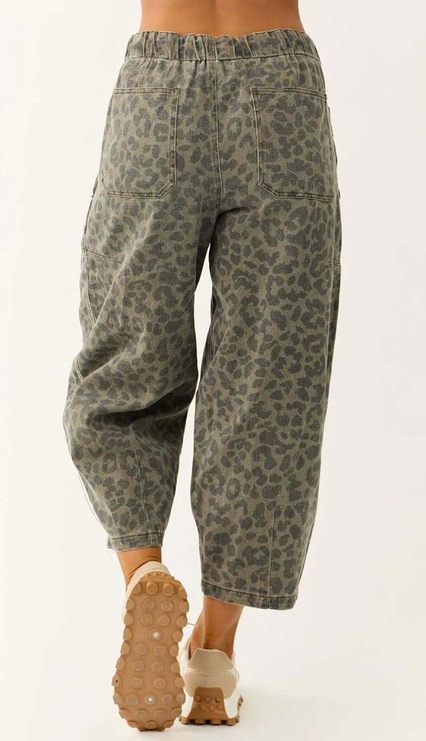 loveimgs Women Loose Leopard Print Cropped Denim Pants Barrel Jeans Elastic Waist Cheetah Wide Leg Harem Pants
