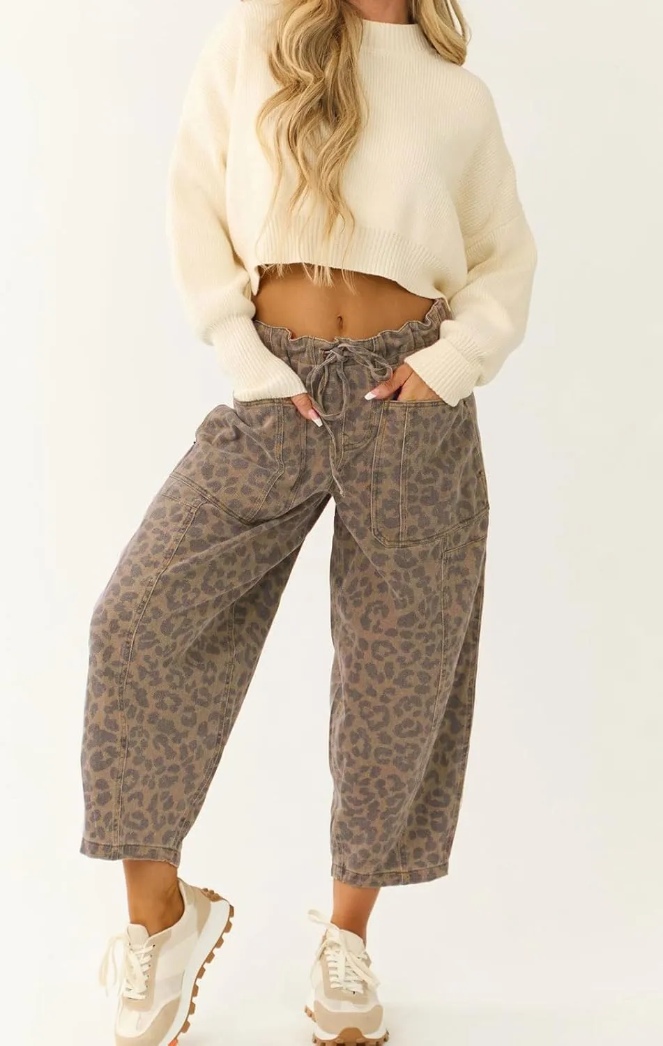 loveimgs Women Loose Leopard Print Cropped Denim Pants Barrel Jeans Elastic Waist Cheetah Wide Leg Harem Pants