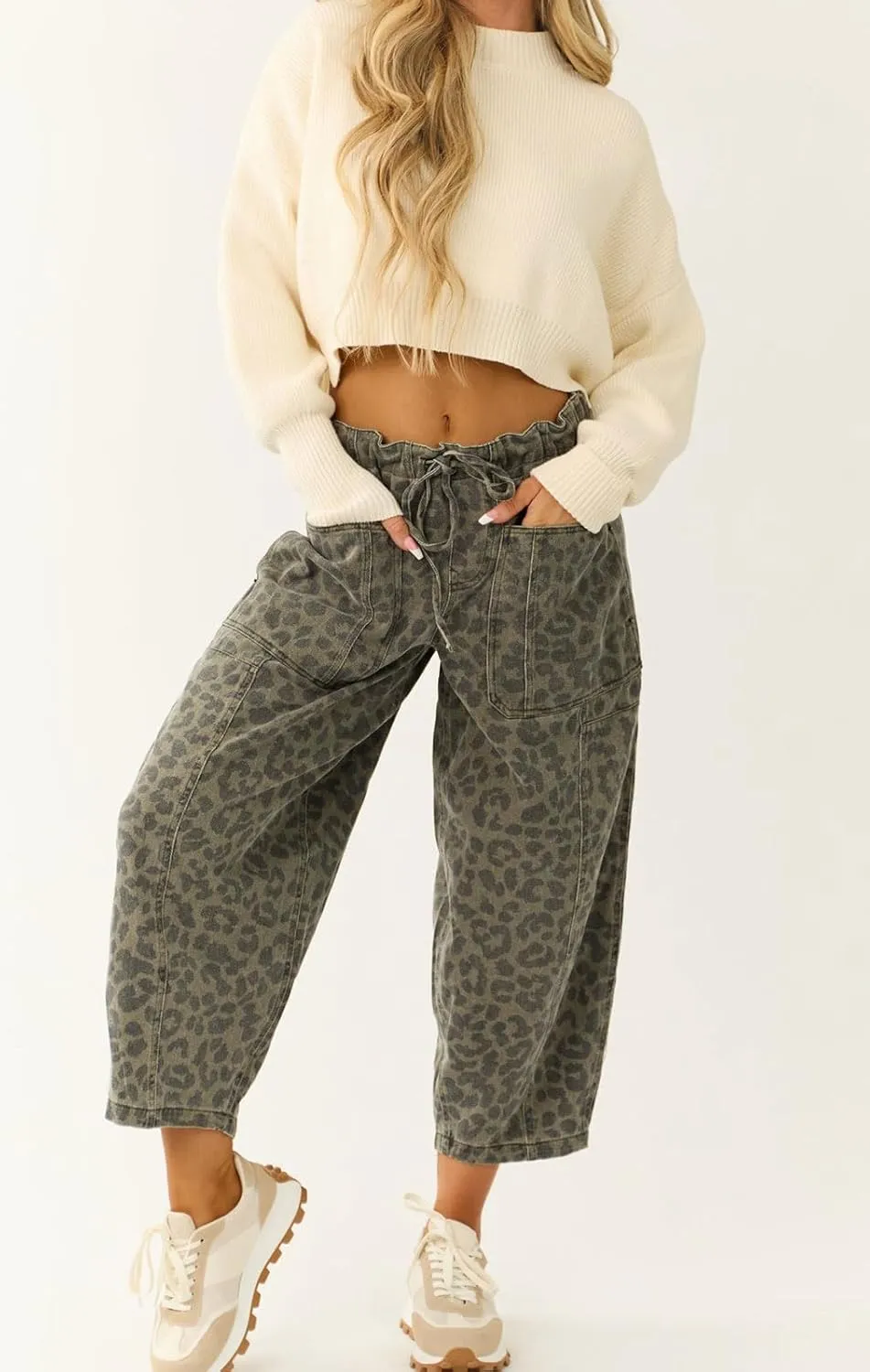 loveimgs Women Loose Leopard Print Cropped Denim Pants Barrel Jeans Elastic Waist Cheetah Wide Leg Harem Pants