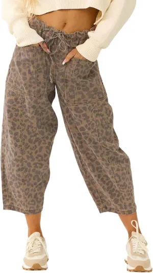 loveimgs Women Loose Leopard Print Cropped Denim Pants Barrel Jeans Elastic Waist Cheetah Wide Leg Harem Pants