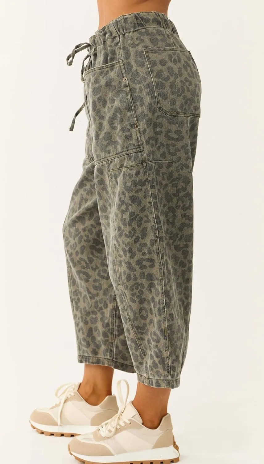 loveimgs Women Loose Leopard Print Cropped Denim Pants Barrel Jeans Elastic Waist Cheetah Wide Leg Harem Pants