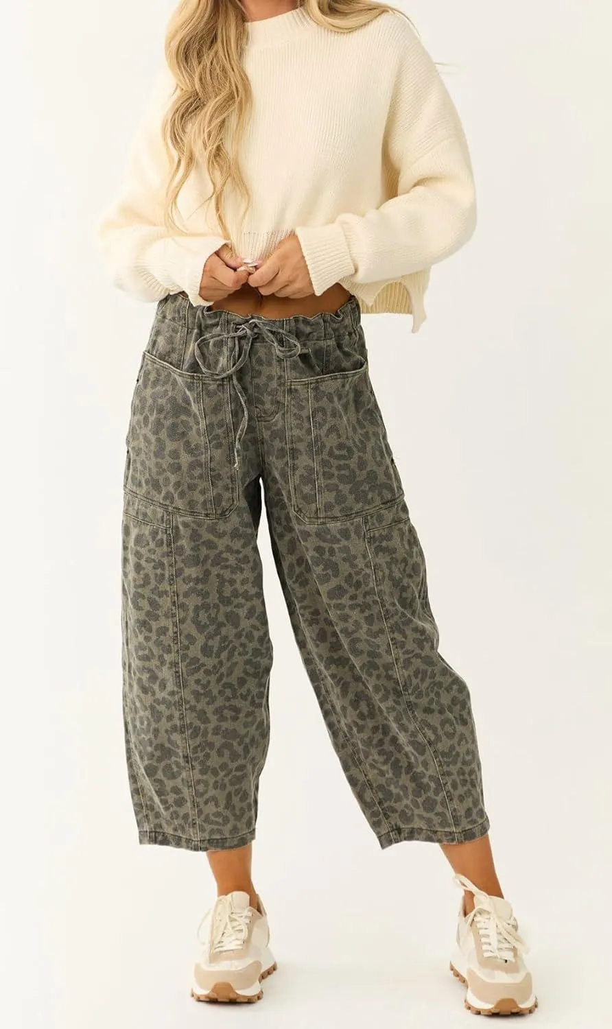 loveimgs Women Loose Leopard Print Cropped Denim Pants Barrel Jeans Elastic Waist Cheetah Wide Leg Harem Pants