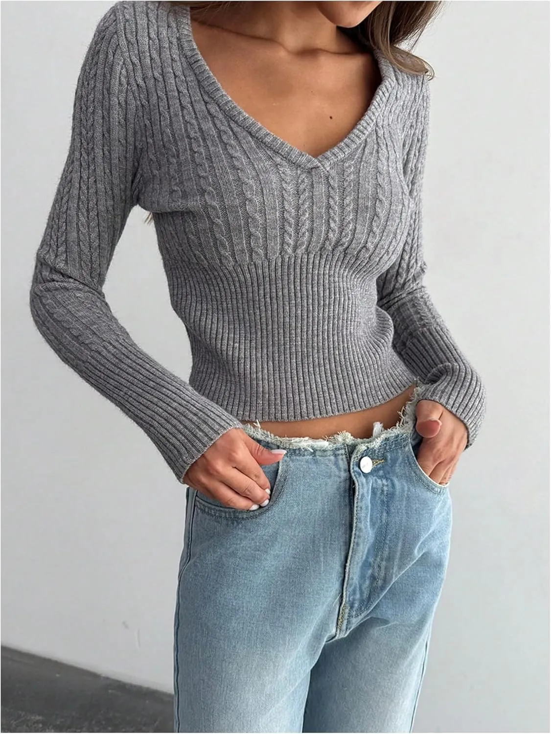 MakeMeChic Women's Cable Knit Sweater V Neck Long Sleeve Fitted Cropped Sweaters