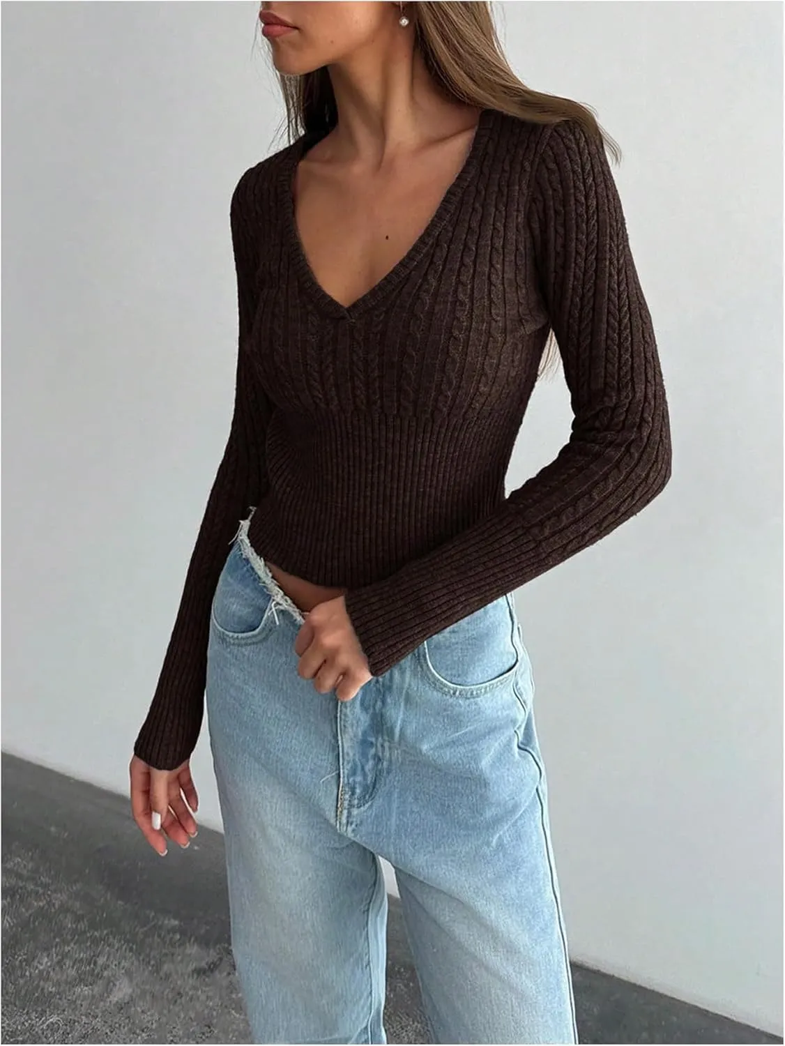 MakeMeChic Women's Cable Knit Sweater V Neck Long Sleeve Fitted Cropped Sweaters