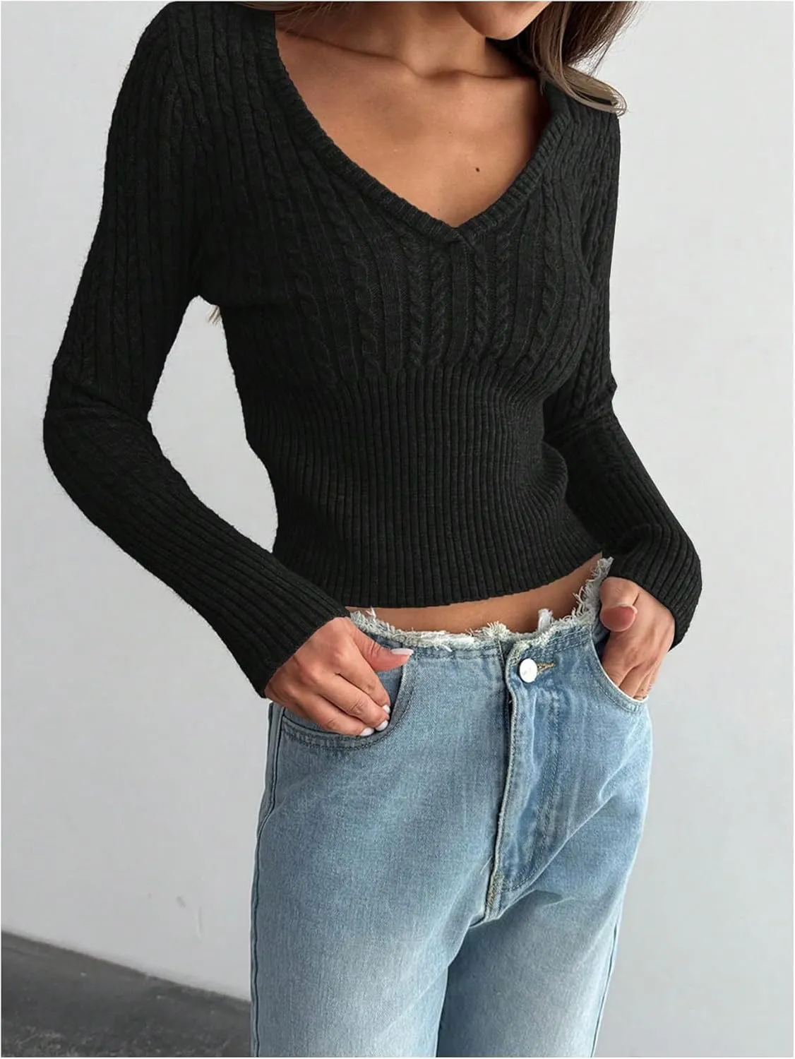 MakeMeChic Women's Cable Knit Sweater V Neck Long Sleeve Fitted Cropped Sweaters