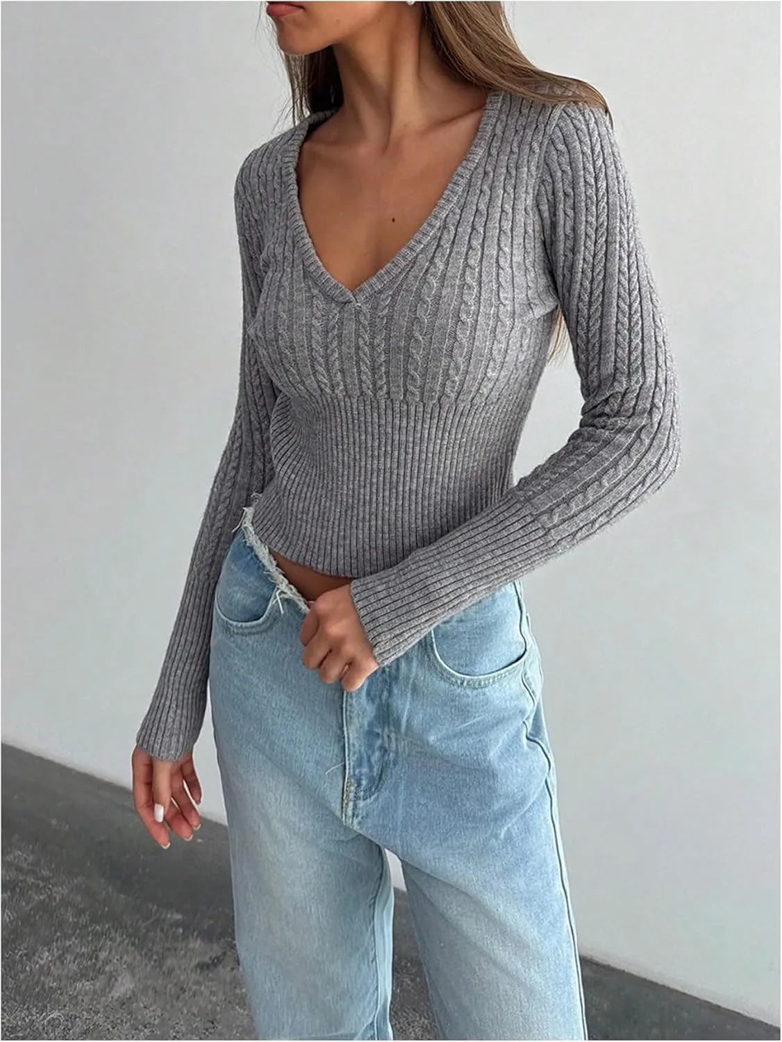 MakeMeChic Women's Cable Knit Sweater V Neck Long Sleeve Fitted Cropped Sweaters