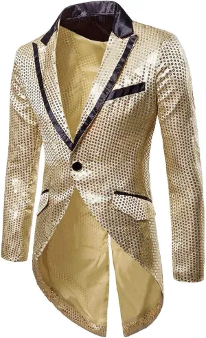 Men Sequin Tailcoat Single Button Lapel Collar Blazer Sllim Fit Tuxedo Jackets Casual Dinner Jackets Halloween Cosplay