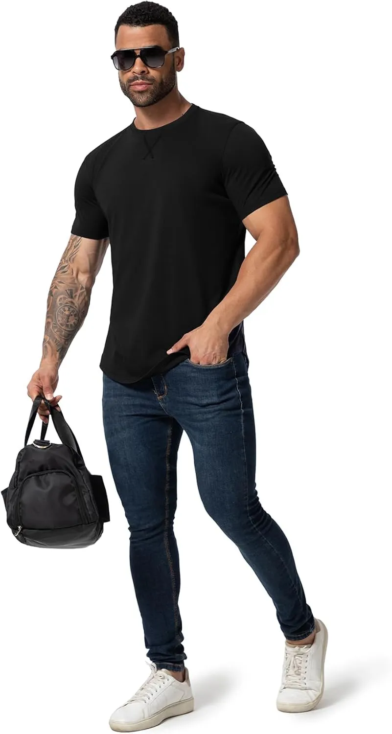 Mens 3 Pack Plain Cotton Shirts Short Sleeve Casual Crew Neck T-Shirts Hipster Hip Hop Longline Tees Drop Cut Curved Hem
