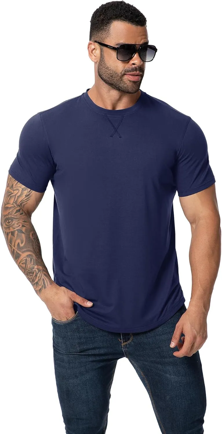 Mens 3 Pack Plain Cotton Shirts Short Sleeve Casual Crew Neck T-Shirts Hipster Hip Hop Longline Tees Drop Cut Curved Hem