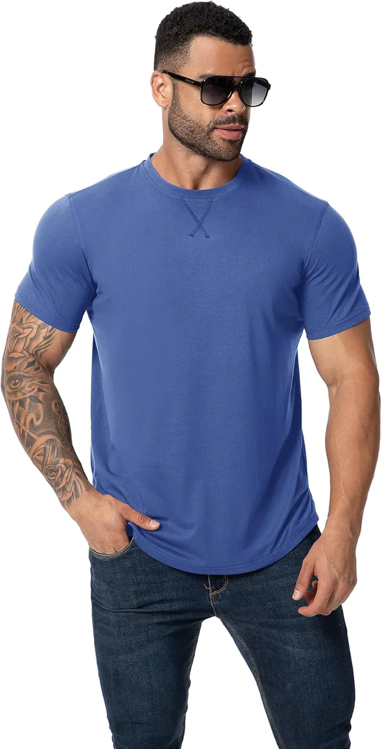 Mens 3 Pack Plain Cotton Shirts Short Sleeve Casual Crew Neck T-Shirts Hipster Hip Hop Longline Tees Drop Cut Curved Hem