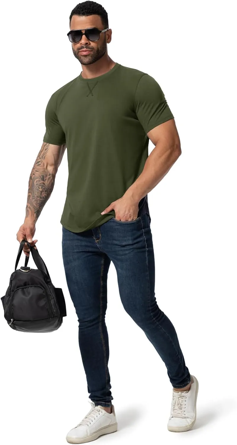 Mens 3 Pack Plain Cotton Shirts Short Sleeve Casual Crew Neck T-Shirts Hipster Hip Hop Longline Tees Drop Cut Curved Hem