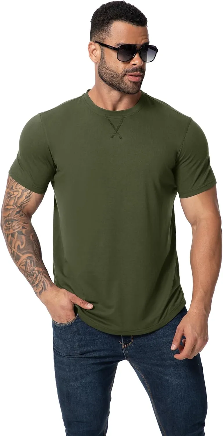 Mens 3 Pack Plain Cotton Shirts Short Sleeve Casual Crew Neck T-Shirts Hipster Hip Hop Longline Tees Drop Cut Curved Hem