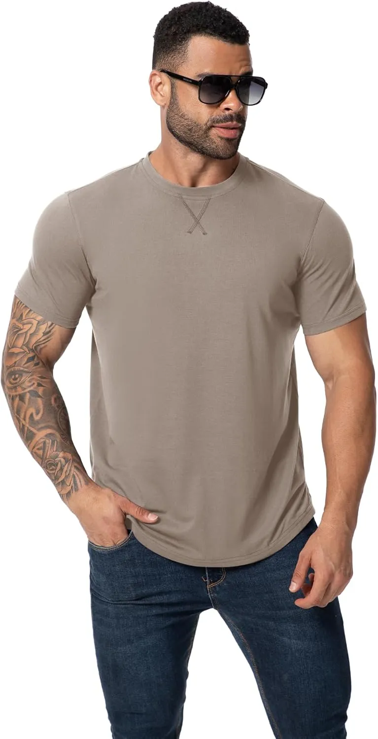 Mens 3 Pack Plain Cotton Shirts Short Sleeve Casual Crew Neck T-Shirts Hipster Hip Hop Longline Tees Drop Cut Curved Hem