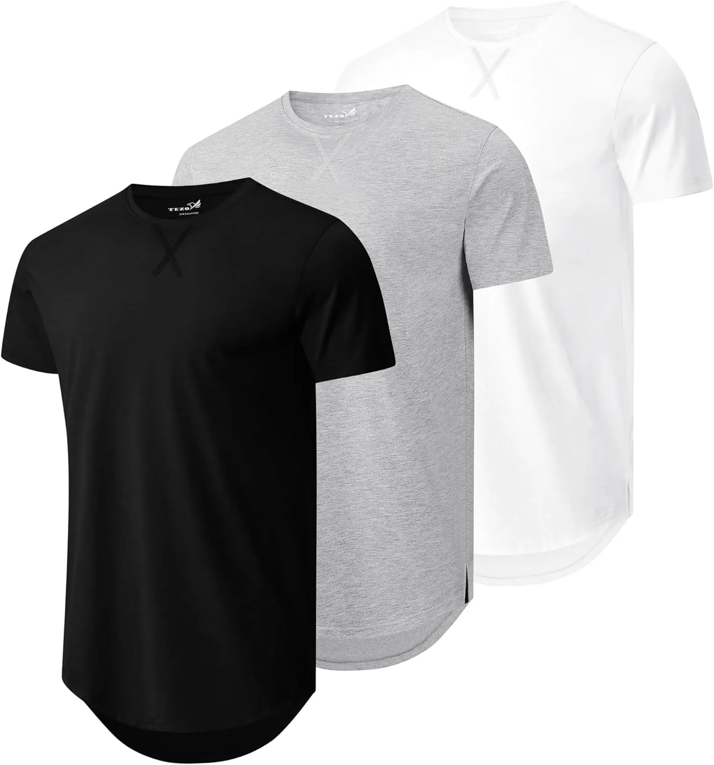 Mens 3 Pack Plain Cotton Shirts Short Sleeve Casual Crew Neck T-Shirts Hipster Hip Hop Longline Tees Drop Cut Curved Hem