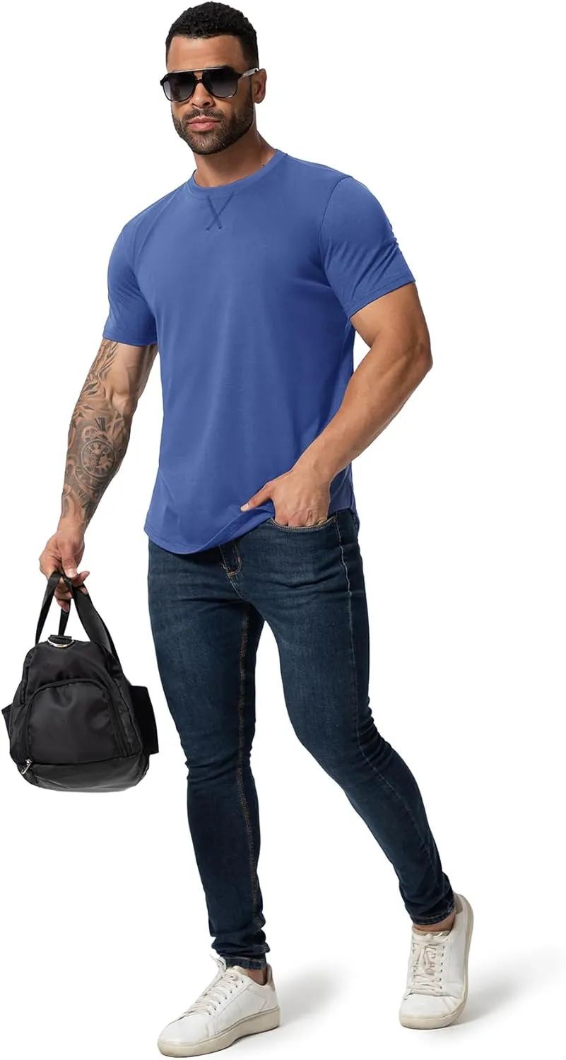 Mens 3 Pack Plain Cotton Shirts Short Sleeve Casual Crew Neck T-Shirts Hipster Hip Hop Longline Tees Drop Cut Curved Hem