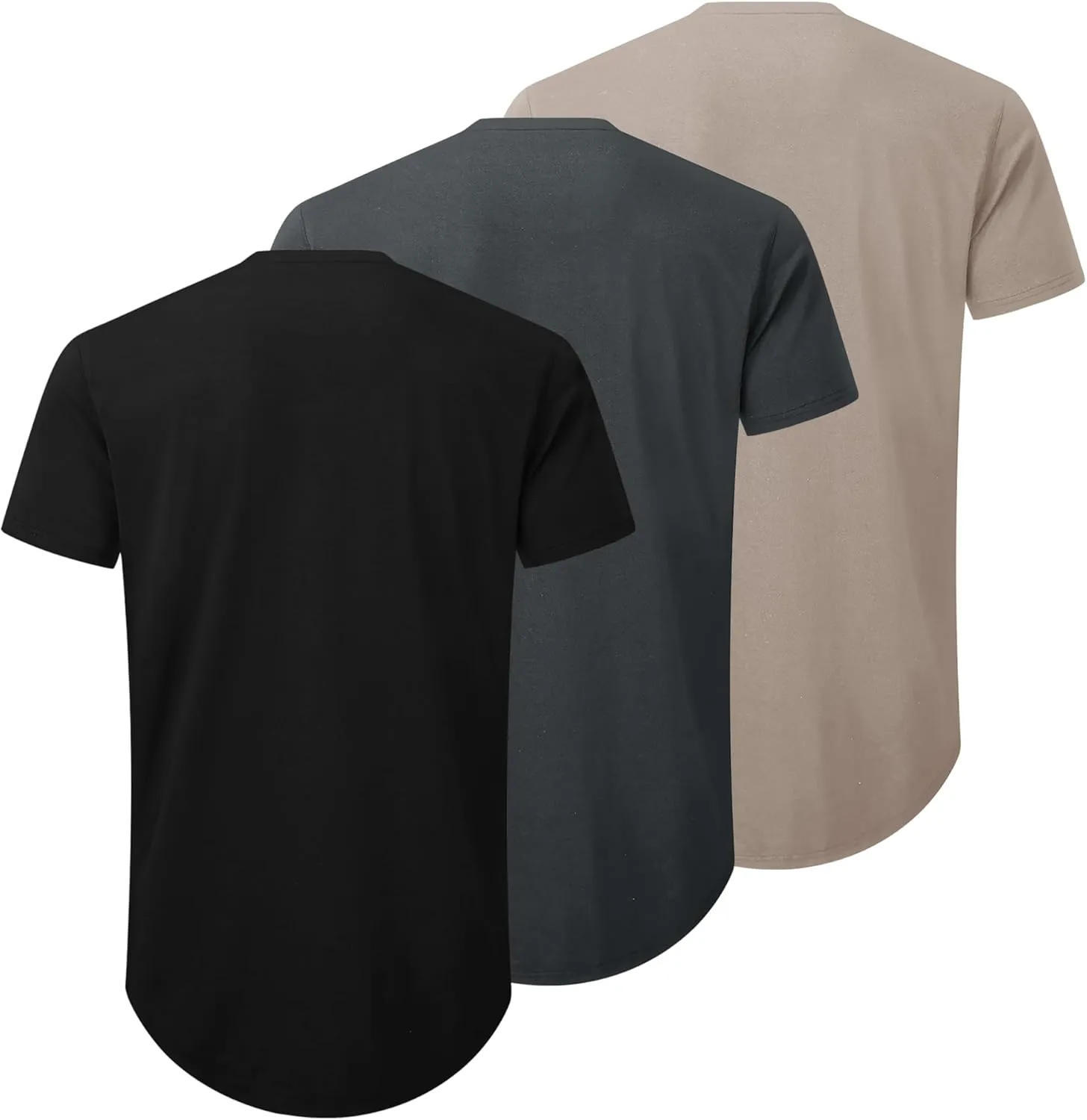 Mens 3 Pack Plain Cotton Shirts Short Sleeve Casual Crew Neck T-Shirts Hipster Hip Hop Longline Tees Drop Cut Curved Hem