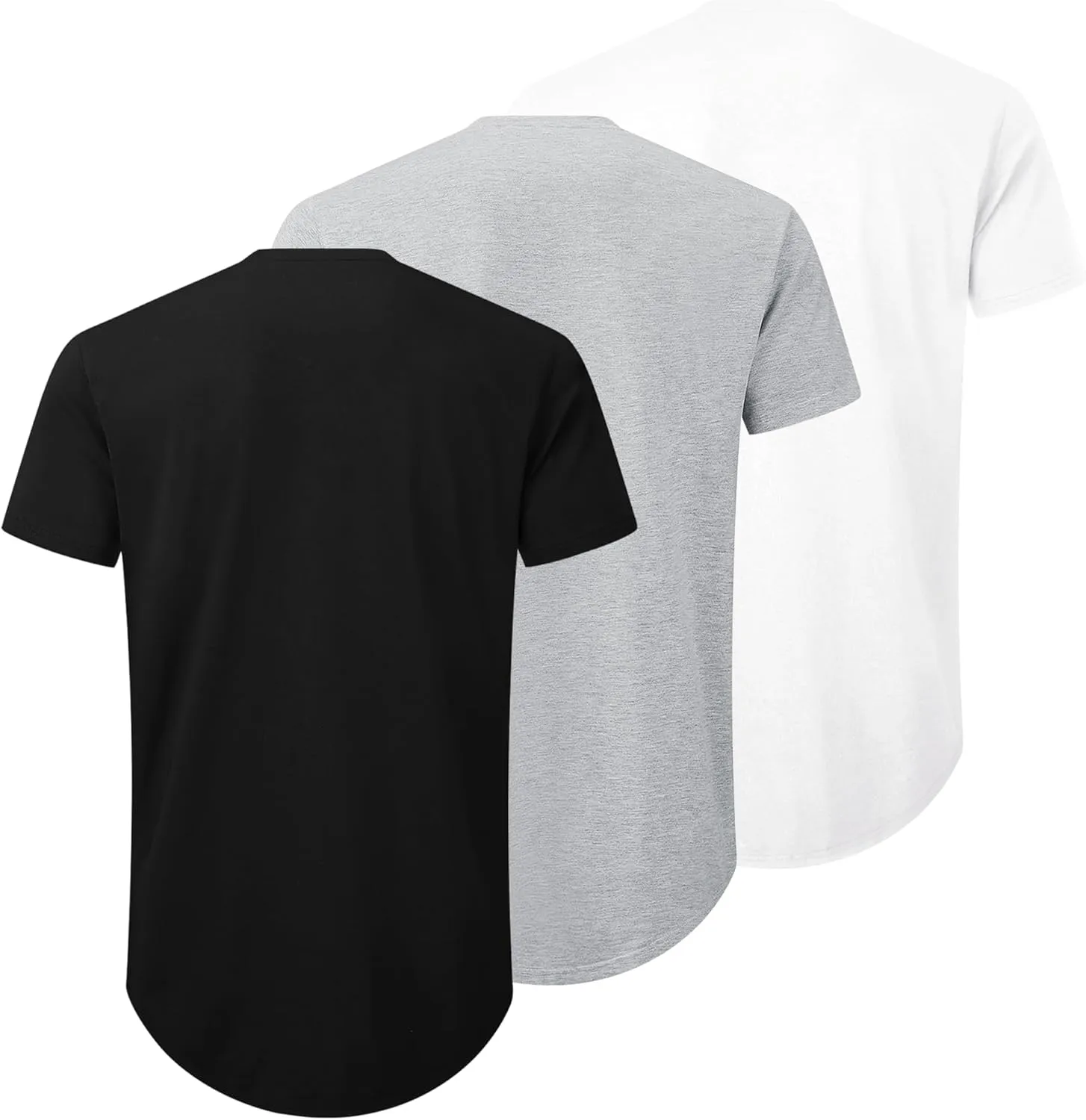 Mens 3 Pack Plain Cotton Shirts Short Sleeve Casual Crew Neck T-Shirts Hipster Hip Hop Longline Tees Drop Cut Curved Hem