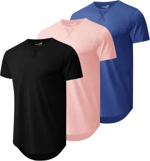 Mens 3 Pack Plain Cotton Shirts Short Sleeve Casual Crew Neck T-Shirts Hipster Hip Hop Longline Tees Drop Cut Curved Hem