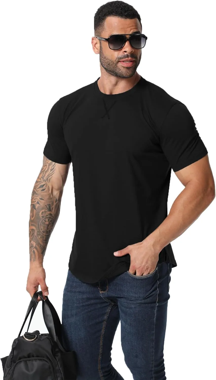 Mens 3 Pack Plain Cotton Shirts Short Sleeve Casual Crew Neck T-Shirts Hipster Hip Hop Longline Tees Drop Cut Curved Hem