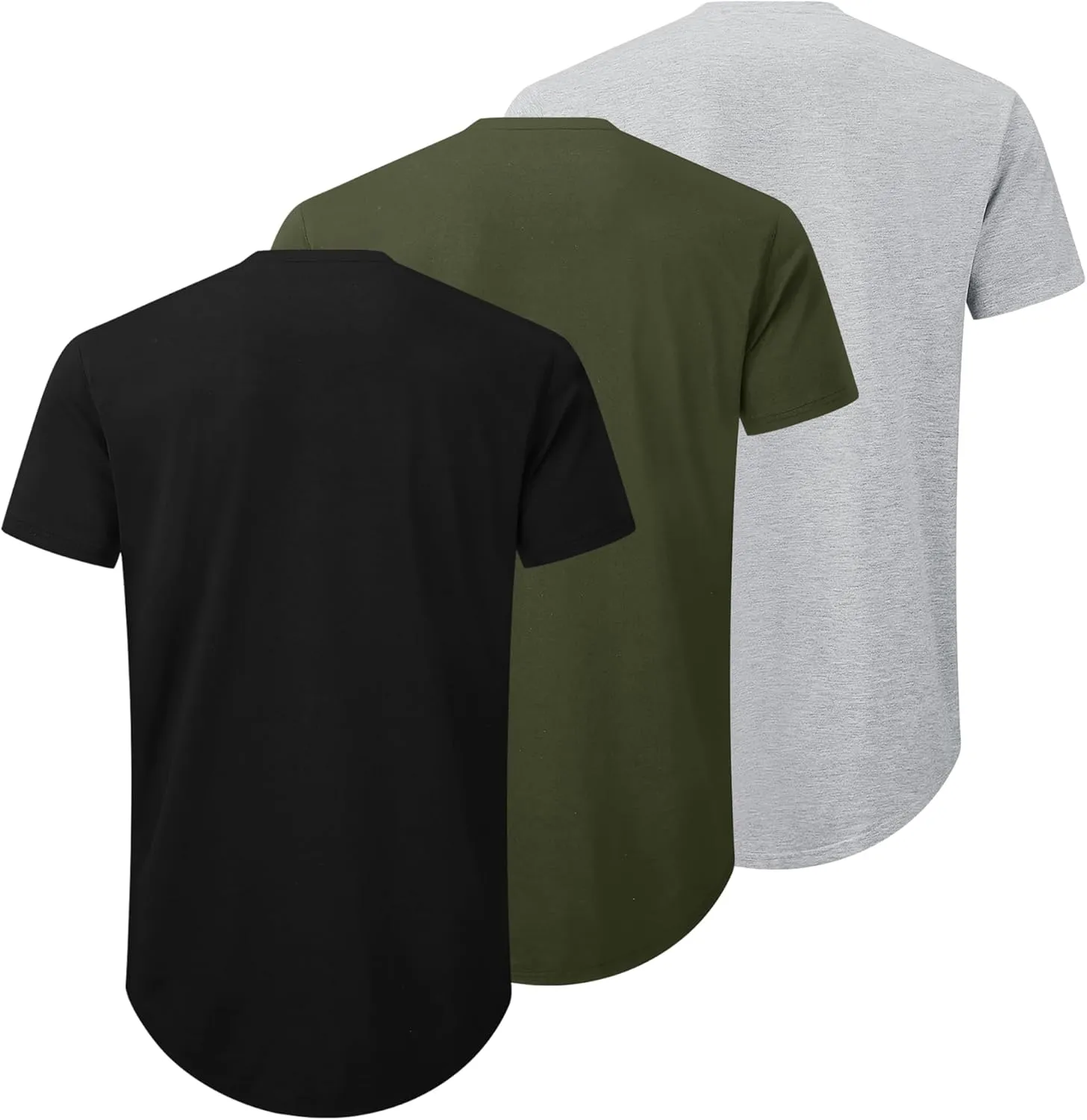 Mens 3 Pack Plain Cotton Shirts Short Sleeve Casual Crew Neck T-Shirts Hipster Hip Hop Longline Tees Drop Cut Curved Hem