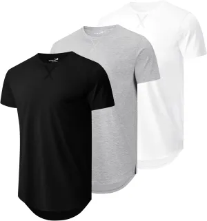 Mens 3 Pack Plain Cotton Shirts Short Sleeve Casual Crew Neck T-Shirts Hipster Hip Hop Longline Tees Drop Cut Curved Hem