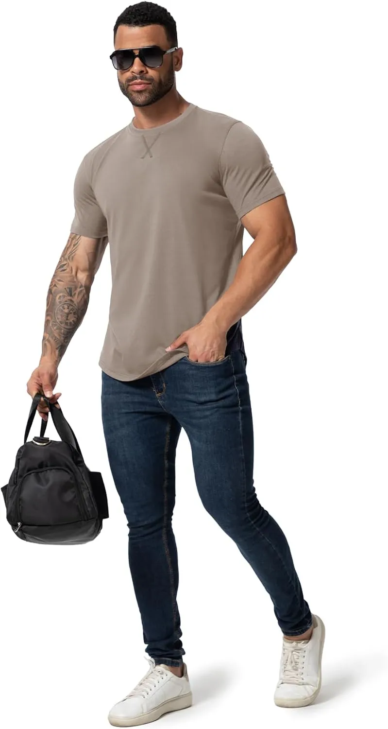 Mens 3 Pack Plain Cotton Shirts Short Sleeve Casual Crew Neck T-Shirts Hipster Hip Hop Longline Tees Drop Cut Curved Hem