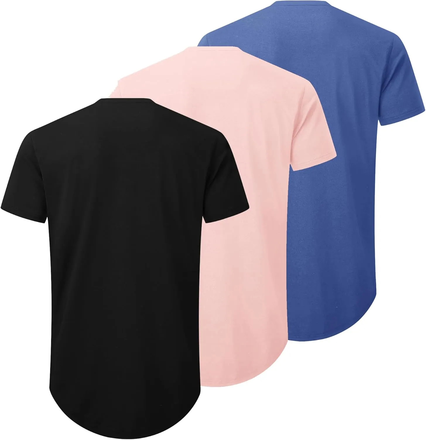 Mens 3 Pack Plain Cotton Shirts Short Sleeve Casual Crew Neck T-Shirts Hipster Hip Hop Longline Tees Drop Cut Curved Hem