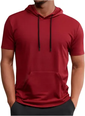 Mens Athletic Breathable Hooded Shirt Short Sleeve Workout Sport Hoodie Casual Running T-Shirt Quick Dry Pullover Top