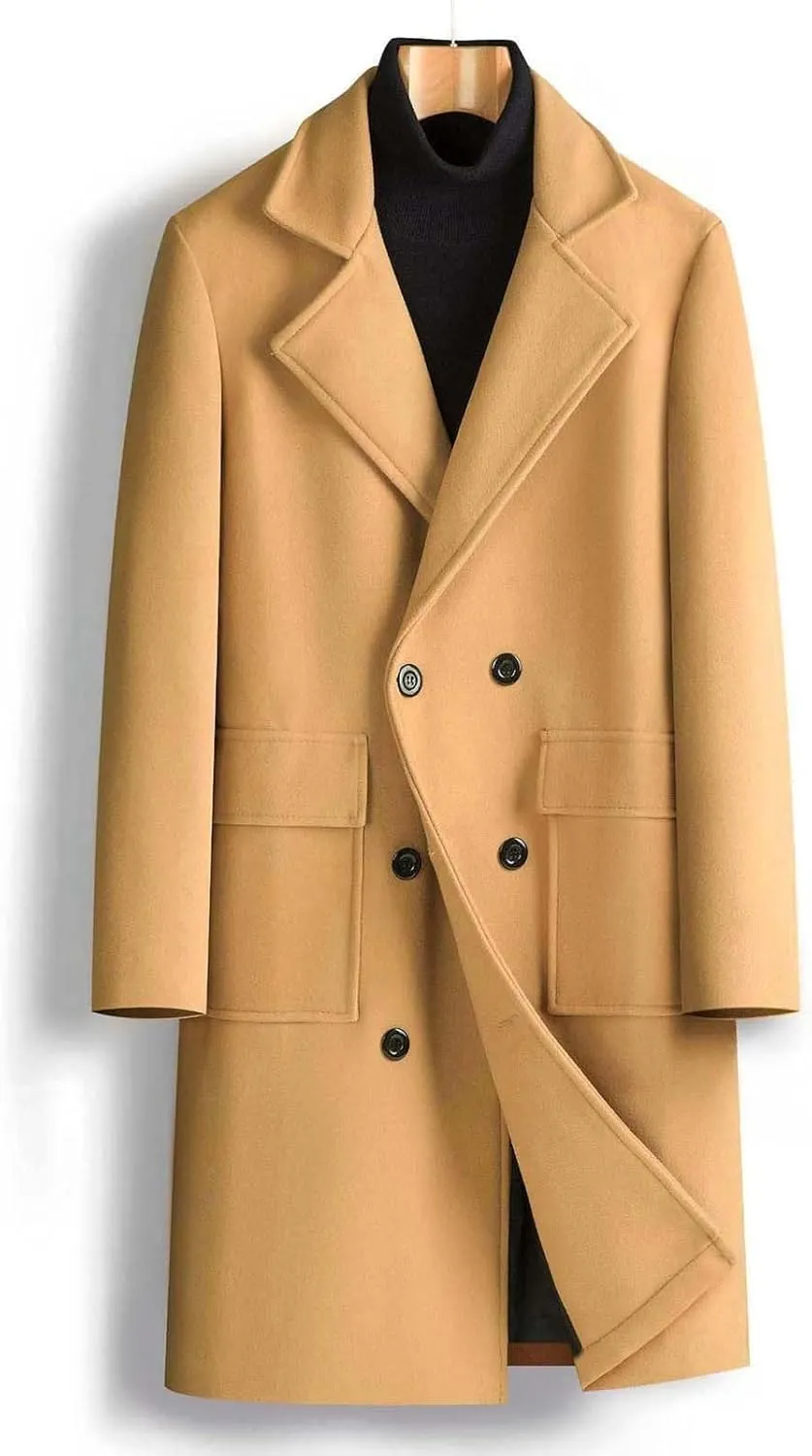Men's Business Casual Long Trench Coat Classic Double Breasted Wool Blend Pea Coat Warm Winter Overcoat with Pockets