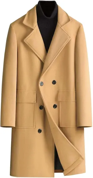 Men's Business Casual Long Trench Coat Classic Double Breasted Wool Blend Pea Coat Warm Winter Overcoat with Pockets